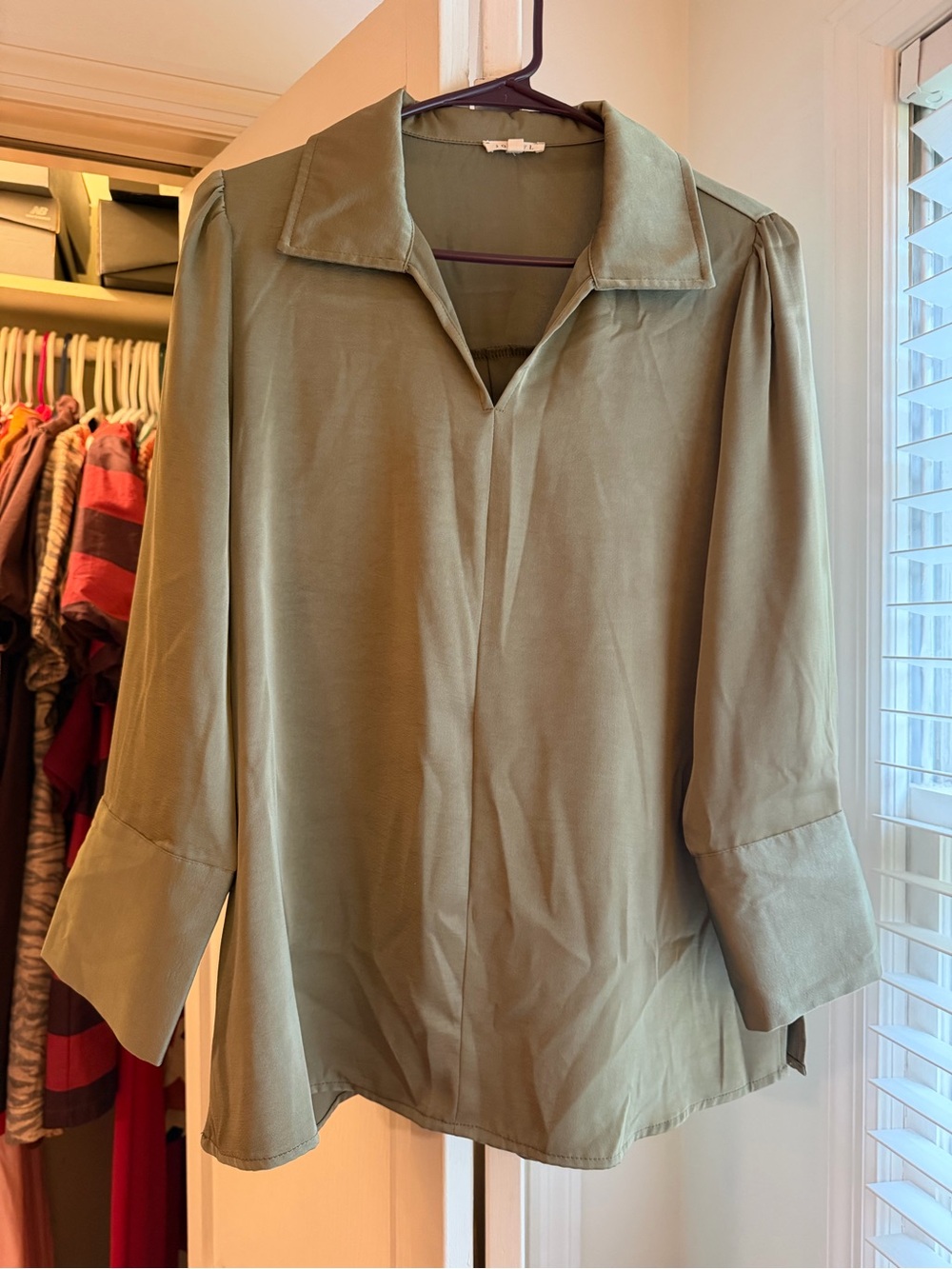 JODIFL Olive Green Women's Collared V-Neck Blouse with Pearl button sleeve.